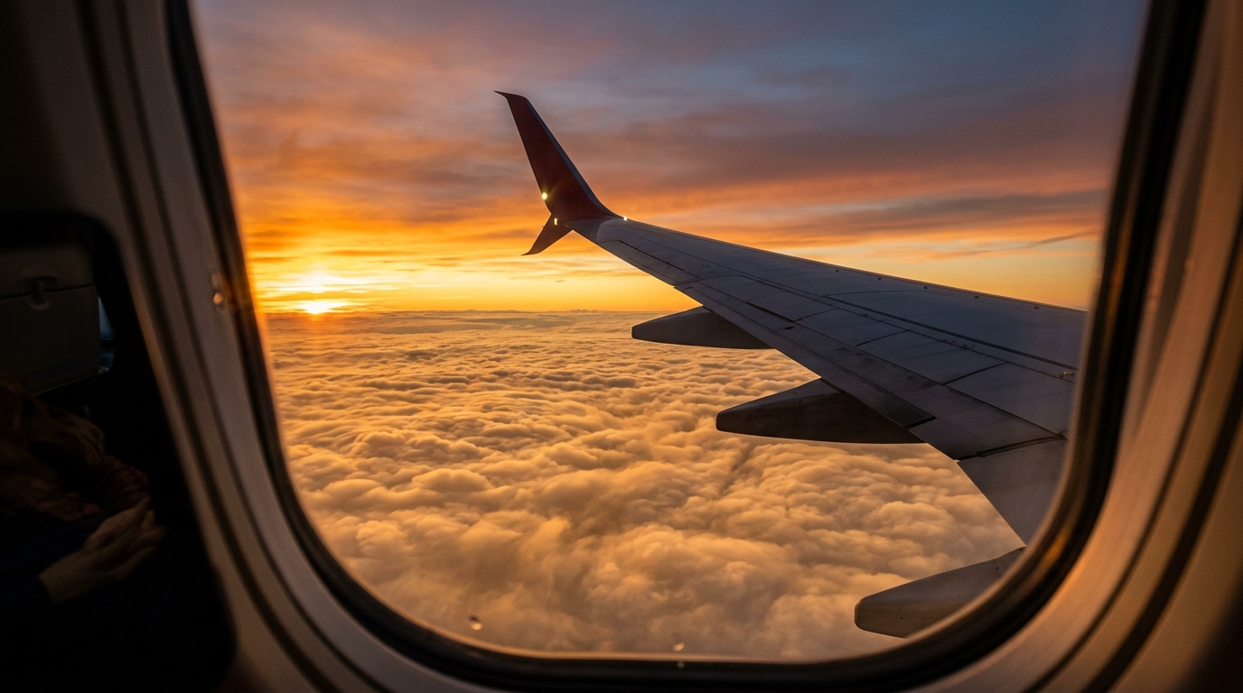 Airplane wing flying above clouds at sunset